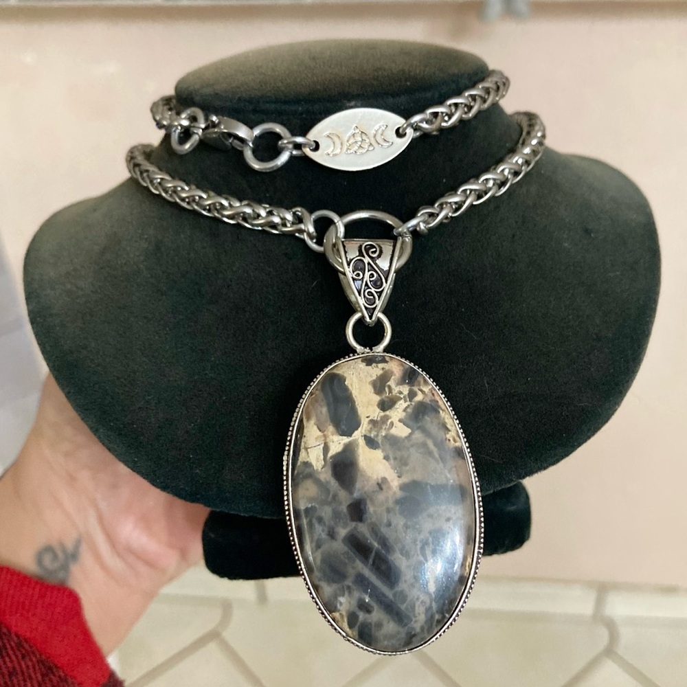 925 Sterling silver overlay marble jasper charm gemstone boho necklace - Picture 10 of 11
